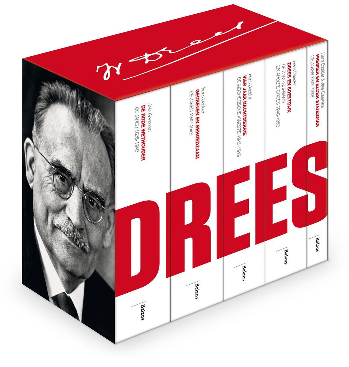 Omslag van Biografie Drees 5 delen in cassette door Hans Daalder, tweedehands boek bij Boekhandel Bloks